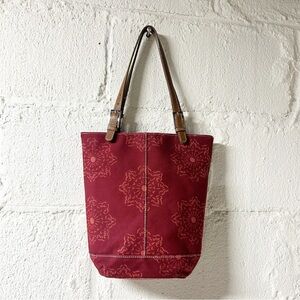 VTG Banana Republic Factory Burgundy Red Cotton Tote Bag w Leather Handles